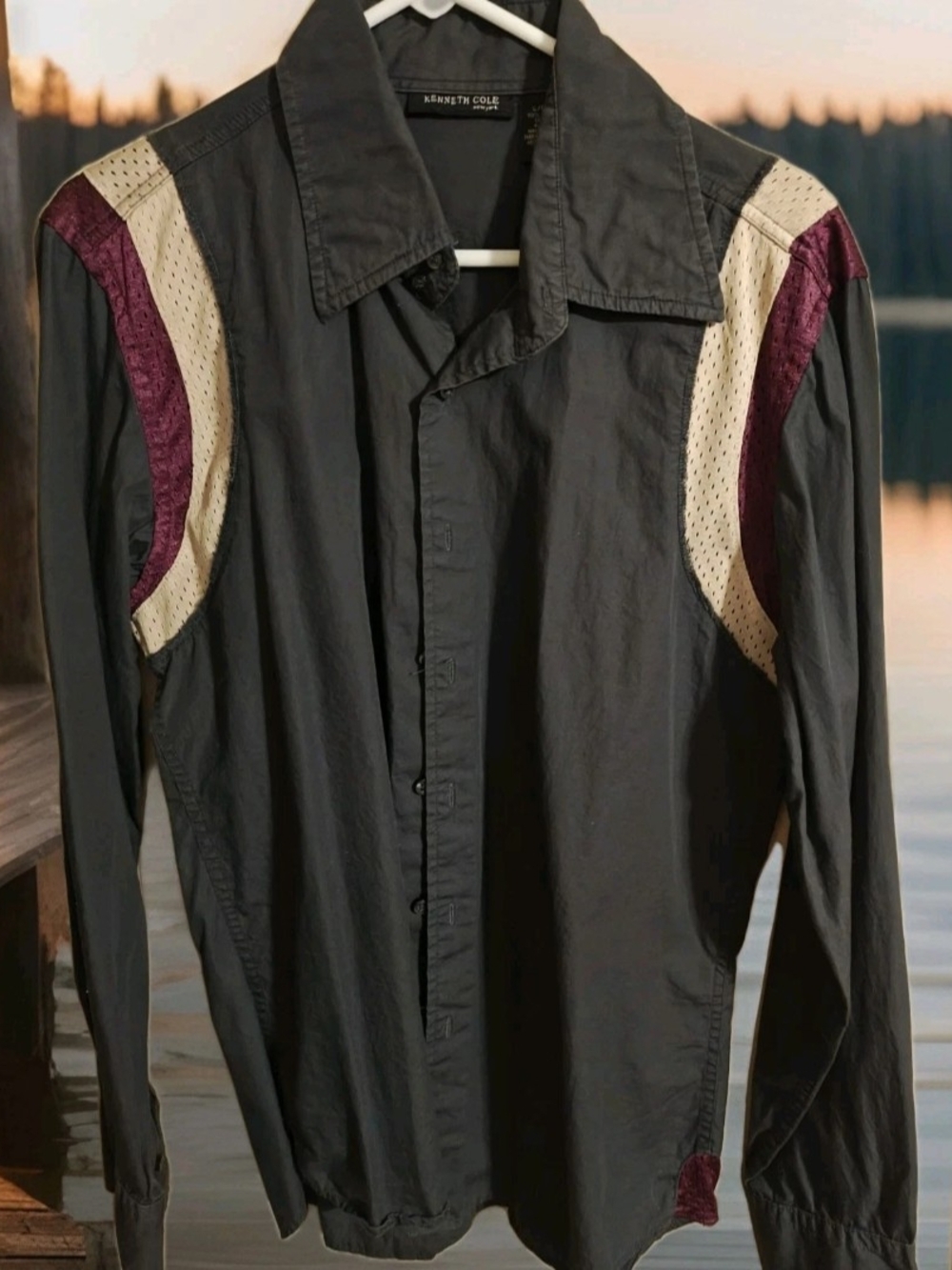 Kenneth Cole Black Button-Down Shirt Cream and Burgundy Accents 100% Cotton Sz L